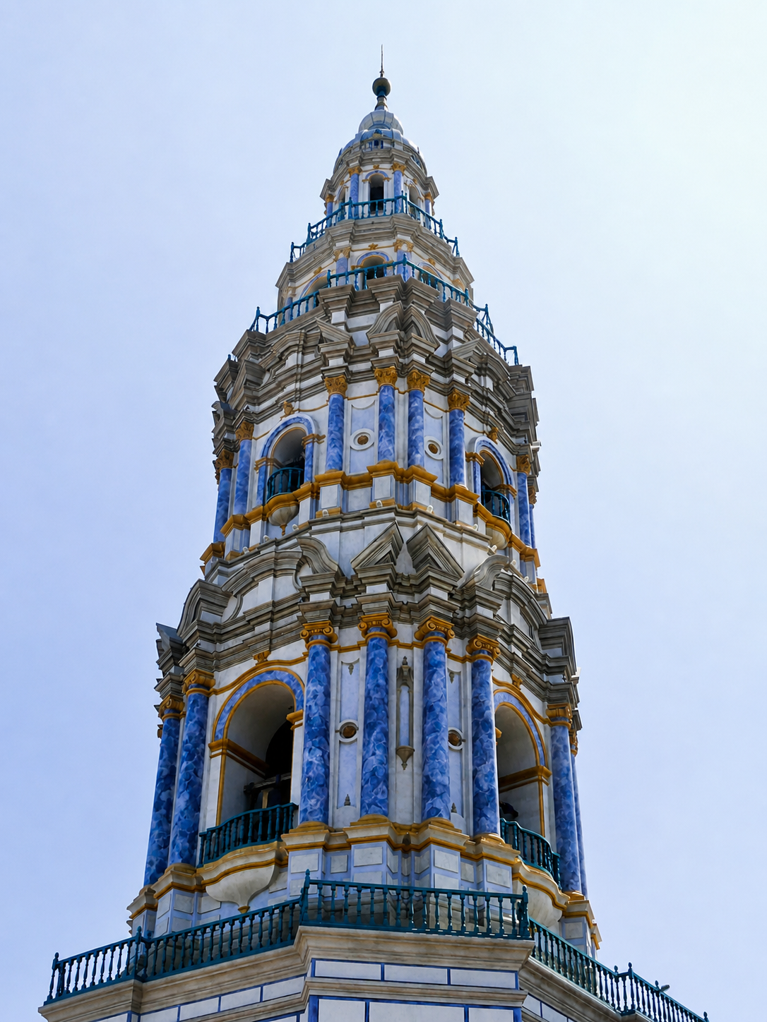 Blue and white church tower detail in Lima